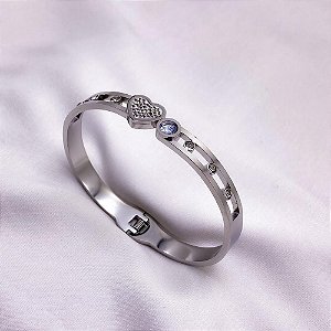 BRACELETE AÇO INOXIDÁVEL CORAÇÃO CRAVEJADO - PRATEADO