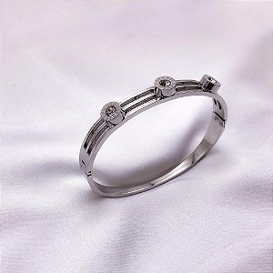 BRACELETE AÇO INOXIDÁVEL ALGARISMOS ROMANOS E PEDRA CRISTAL - PRATEADO