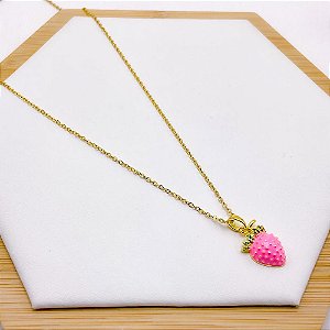 COLAR AÇO INOXIDÁVEL 45CM PINGENTE MORANGO ROSA - DOURADO