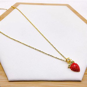 COLAR AÇO INOXIDÁVEL 45CM PINGENTE MORANGO VERMELHO - DOURADO