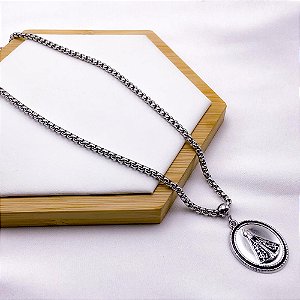 COLAR AÇO INOXIDÁVEL 45CM ELO PIPOCA PINGENTE NOSSA SENHORA - PRATEADO