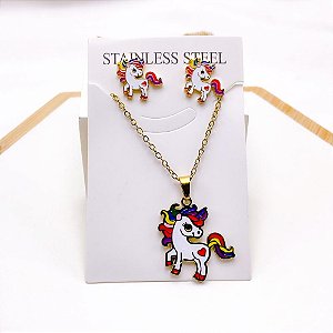 CONJUNTO COLAR  E BRINCO AÇO INOXIDÁVEL  UNICORNIO - DOURADO