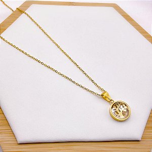 COLAR ACO INOX 45CM ARVORE DA VIDA 3D CRISTAL - DOURADO