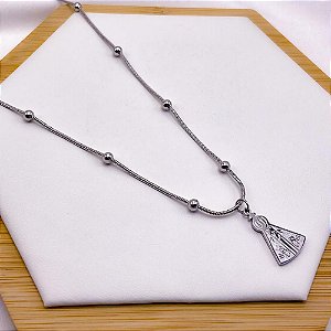 COLAR ACO INOX 45CM BOLINHAS PINGENTE NOSSA SENHORA - PRATEADO