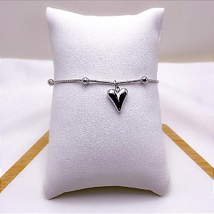 PULSEIRA AÇO INOXIDÁVEL BOLINHAS PINGENTE CORAÇÃO - PRATEADA