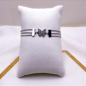 PULSEIRA AÇO INOXIDÁVEL 3 FIOS BORBOLETA DIAMANTADO 3D - PRATEADA