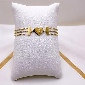 PULSEIRA AÇO INOXIDÁVEL 3 FIOS CORAÇÃO DIAMANTADO 3D - DOURADA