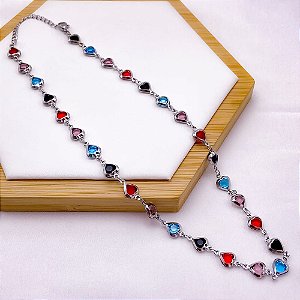 COLAR  AÇO INOXIDÁVEL 45CM CORAÇÃO COLORIDO - PRATEADO