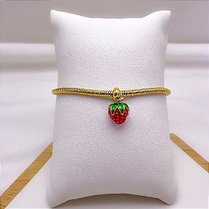 PULSEIRA AÇO INOXIDÁVEL ESTILO PANDORA PINGENTE MORANGO - DOURADA
