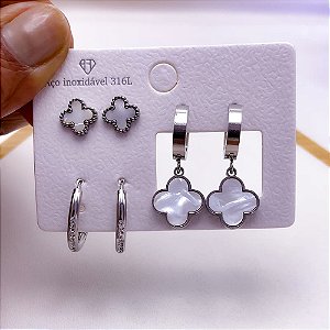 CARTELA BRINCO TRIO AÇO INOX ARGOLINHA CLICK TREVO PEROLADO  - PRATEADO