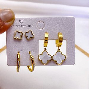 CARTELA BRINCO TRIO AÇO INOX ARGOLINHA CLICK TREVO PEROLADO  - DOURADO