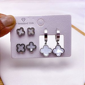 CARTELA BRINCO TRIO AÇO INOX ARGOLINHA CLICK TREVO PEROLADO  - PRATEADO