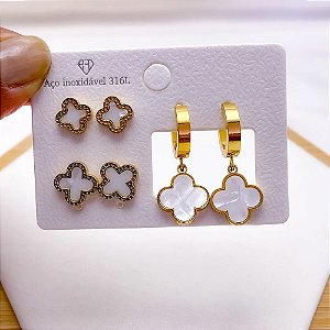 CARTELA BRINCO TRIO AÇO INOX ARGOLINHA CLICK TREVO PEROLADO  - DOURADO