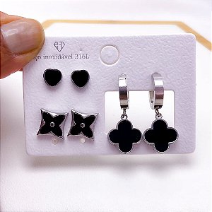 CARTELA BRINCO TRIO AÇO INOX ARGOLINHA CLICK CORAÇÃO E TREVO PRETO  - PRATEADO