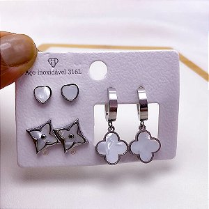 CARTELA BRINCO TRIO AÇO INOX ARGOLINHA CLICK CORAÇÃO E TREVO PEROLADO  - PRATEADO