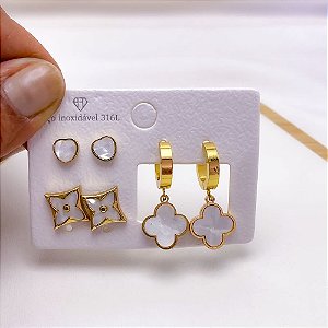 CARTELA BRINCO TRIO AÇO INOX ARGOLINHA CLICK CORAÇÃO E TREVO PEROLADO  - DOURADO
