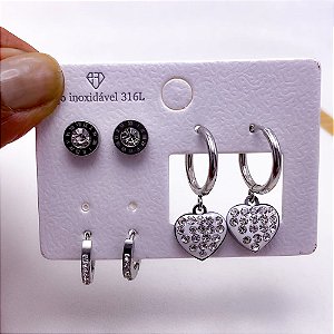 CARTELA BRINCO TRIO AÇO INOX ARGOLINHA CLICK CORAÇÃO STRASS - PRATEADO