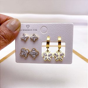 CARTELA BRINCO TRIO AÇO INOX ARGOLINHA CLICK BORBOLETA STRASS - DOURADO