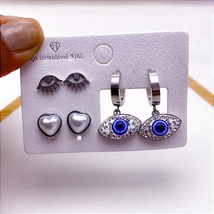 CARTELA BRINCO TRIO AÇO INOX ARGOLINHA CLICK OLHO GREGO STRASS - PRATEADO