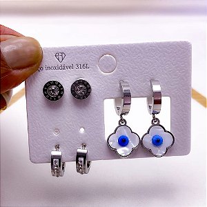 CARTELA BRINCO TRIO AÇO INOX ARGOLINHA CLICK  STRASS  TREVO OLHO GREGO- PRATEADO