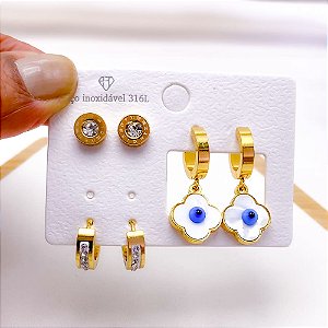 CARTELA BRINCO TRIO AÇO INOX ARGOLINHA CLICK  STRASS  TREVO OLHO GREGO- DOURADO