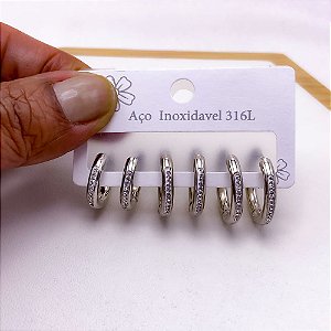CARTELA BRINCO TRIO AÇO INOX ARGOLINHA CLICK  STRASS - PRATEADO