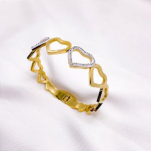 PA321D - BRACELETE AÇO INOXIDÁVEL CORAÇÃO CRAVEJADO STRASS - DOURADO