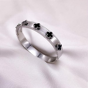 BRACELETE AÇO INOXIDÁVEL TREVO PRETO - PRATEADO