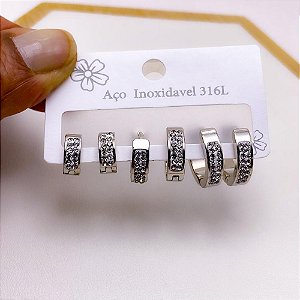 CARTELA BRINCO TRIO AÇO INOX ARGOLINHA CLICK  2 FIOS DE STRASS - PRATEADO