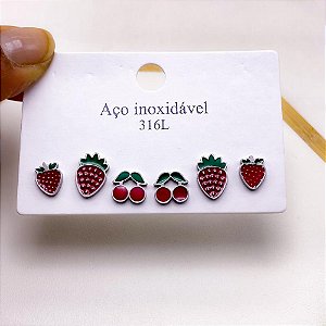 CARTELA BRINCO TRIO AÇO INOX MORANGO E CEREJA - PRATEADO