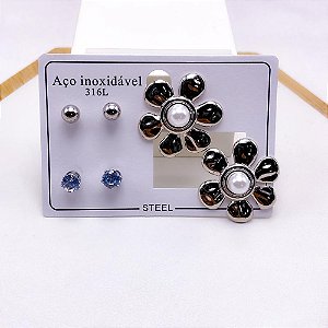 CARTELA BRINCO TRIO AÇO INOX FLOR COM PÉROLA - PRATEADO