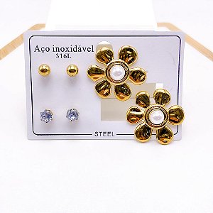 CARTELA BRINCO TRIO AÇO INOX FLOR COM PÉROLA - DOURADO
