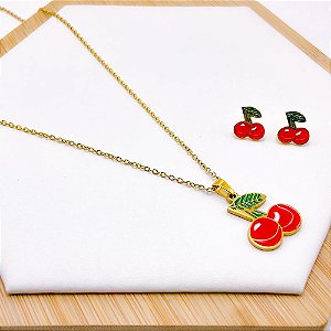 CONJUNTO COLAR  E BRINCO AÇO INOXIDÁVEL  CEREJA - DOURADO
