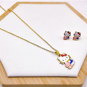 CONJUNTO COLAR  E BRINCO AÇO INOXIDÁVEL  HELLO KITTY - DOURADO