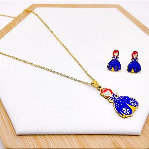 CONJUNTO COLAR  E BRINCO AÇO INOXIDÁVEL  PRINCESA - DOURADO
