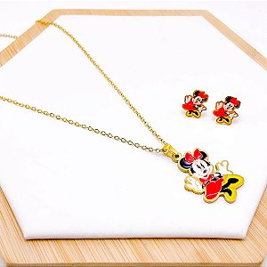CONJUNTO COLAR  E BRINCO AÇO INOXIDÁVEL  MINIE - DOURADO