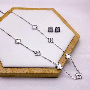 CONJUNTO COLAR  E BRINCO AÇO INOXIDÁVEL TREVO PEROLADO COM PEDRA CRISTAL - PRATEADO