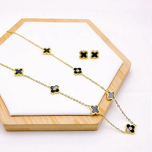 CONJUNTO COLAR  E BRINCO AÇO INOXIDÁVEL TREVO PRETO COM PEDRA CRISTAL - DOURADO