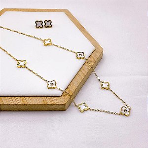 CONJUNTO COLAR  E BRINCO AÇO INOXIDÁVEL TREVO PEROLADO COM PEDRA CRISTAL - DOURADO