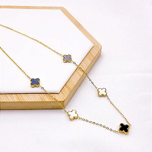 COLAR  AÇO INOXIDÁVEL 45CM TREVO PEROLADO E PRETO - DOURADO