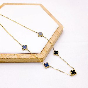 COLAR  AÇO INOXIDÁVEL 45CM TREVO PRETO - DOURADO
