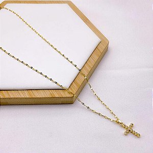 CM503D - COLAR  AÇO INOXIDÁVEL 45CM PINGENTE CRUZ COM PEDRA CRISTAL BANHADO - DOURADO
