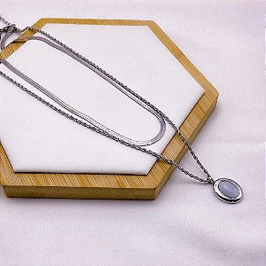 COLAR  AÇO INOXIDÁVEL 45CM DUPLO FITA E CORDÃO BAIANO COM PEDRA PEROLADA - PRATEADO