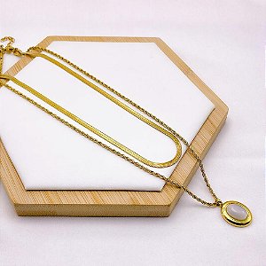 COLAR  AÇO INOXIDÁVEL 45CM DUPLO FITA E CORDÃO BAIANO COM PEDRA PEROLADA - DOURADO