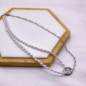 COLAR  AÇO INOXIDÁVEL 45CM CORRENTARIA COM PÉROLA - PRATEADO