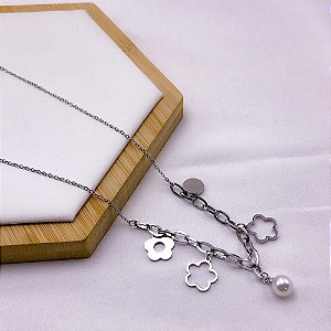 COLAR  AÇO INOXIDÁVEL 45CM TREVO COM PÉROLA - PRATEADO
