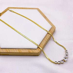 COLAR AÇO INOXIDÁVEL 45CM FITA COM PEDRA CRISTAL - DOURADO