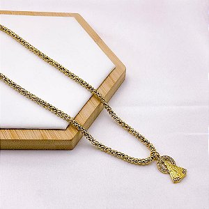 COLAR AÇO INOXIDÁVEL 45CM ELO PIPOCA PINGENTE NOSSA SENHORA - DOURADO