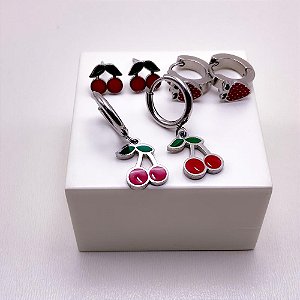 CARTELA TRIO BRINCO AÇO INOXIDÁVEL CEREJA E MORANGO - PRATEADO