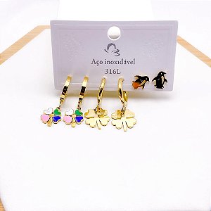 CARTELA TRIO BRINCO AÇO INOXIDÁVEL ARGOLINHA CLICK TREVO COLORIDO - DOURADO